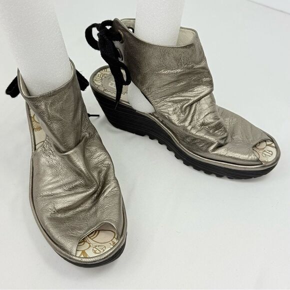 Fly London Yama Gold Metallic Ruched Leather Slingback Lace Up Chunky Wedges - Picture 2 of 12